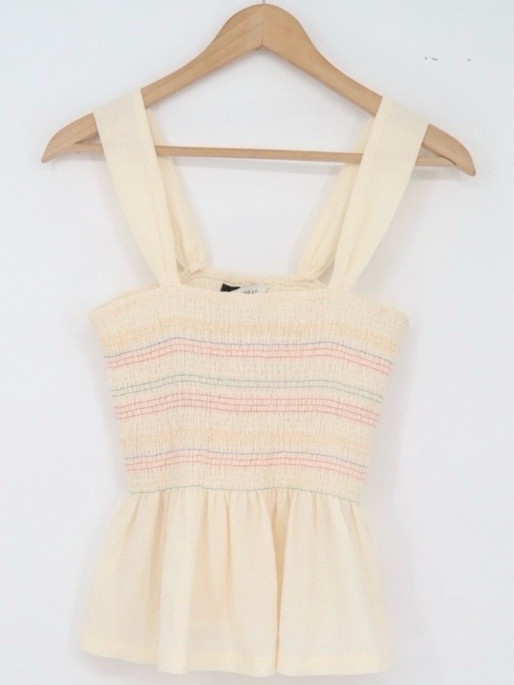 Madewell Cream Strapless Smocked Peplum Top with Pastel Stripes